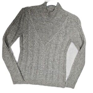Mock Neck Sweater Gray Cable Knit Open Weave Faux Pearl Beaded Long Sleeve XS